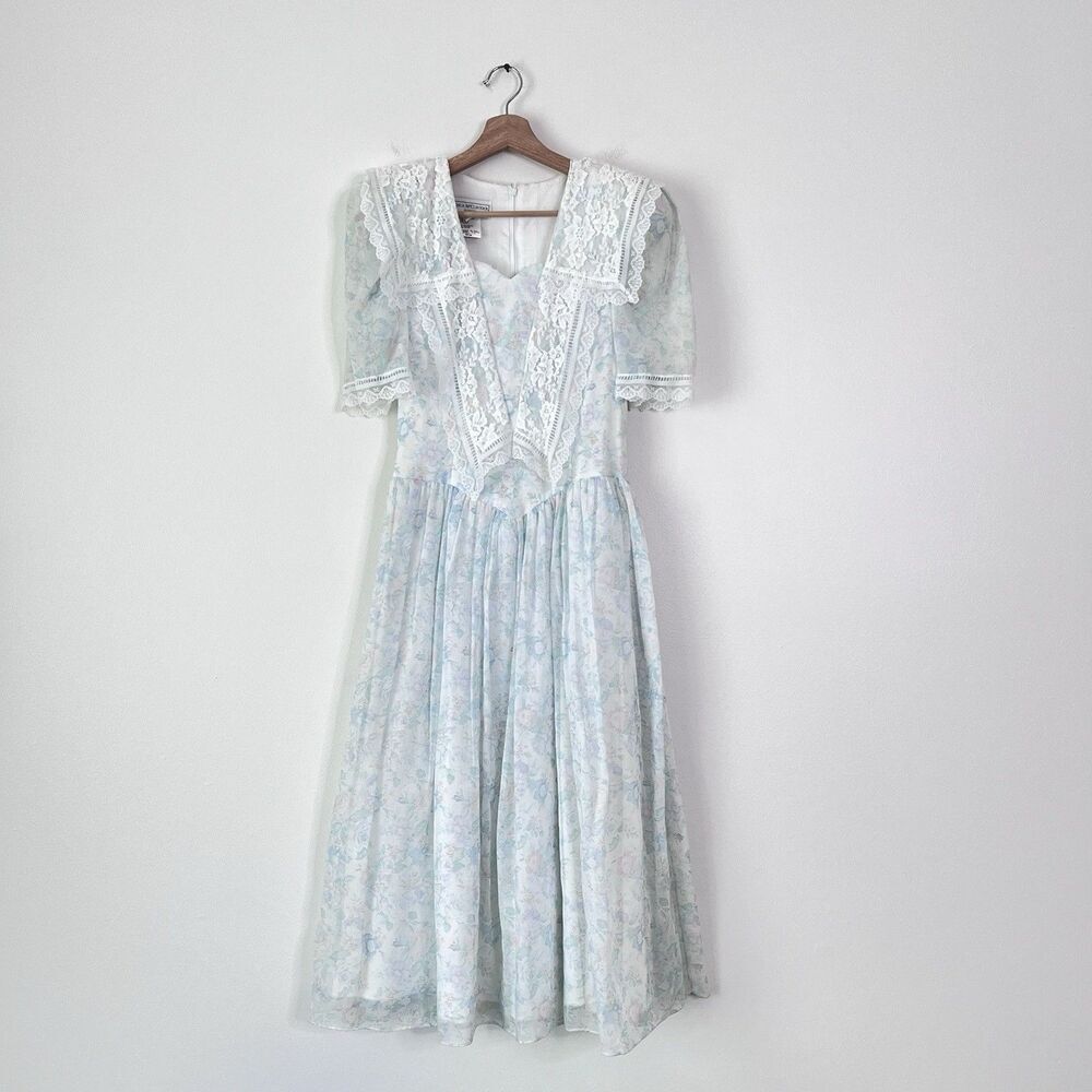 Vintage 80s Gunne Sax Jessica McClintock Pastel Floral Prairie Cottagecore Dress - Picture 2 of 14
